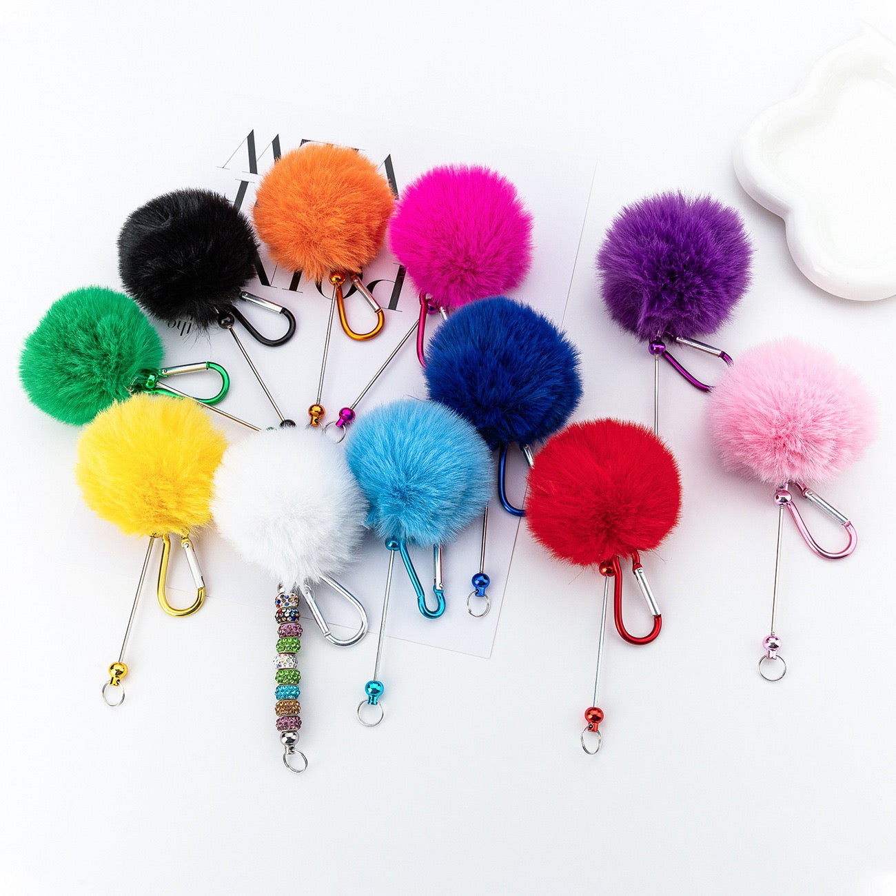 Beaded pom pom hanging decoration with climbing buckle（5PCS）